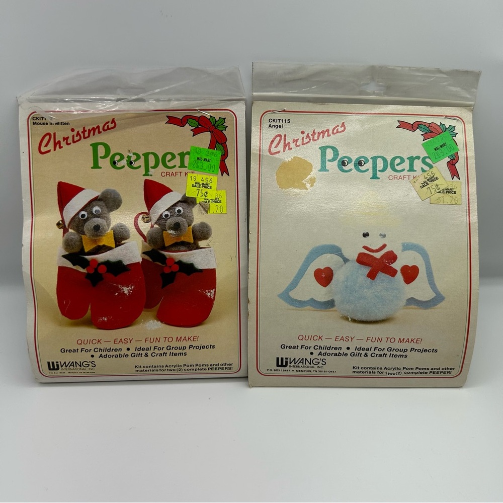 Christmas Peepers Mouse in mitten & Angel craft kit vtg Taiwan Wang's set of 2